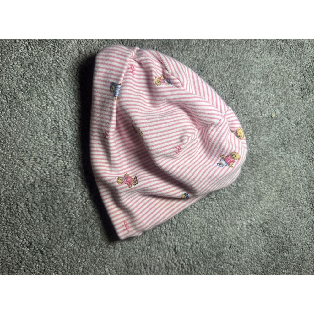 Ralph Lauren Polo Bear Beanie Girls 3-9M Pink Stripe Cotton Hat - Picture 5 of 9